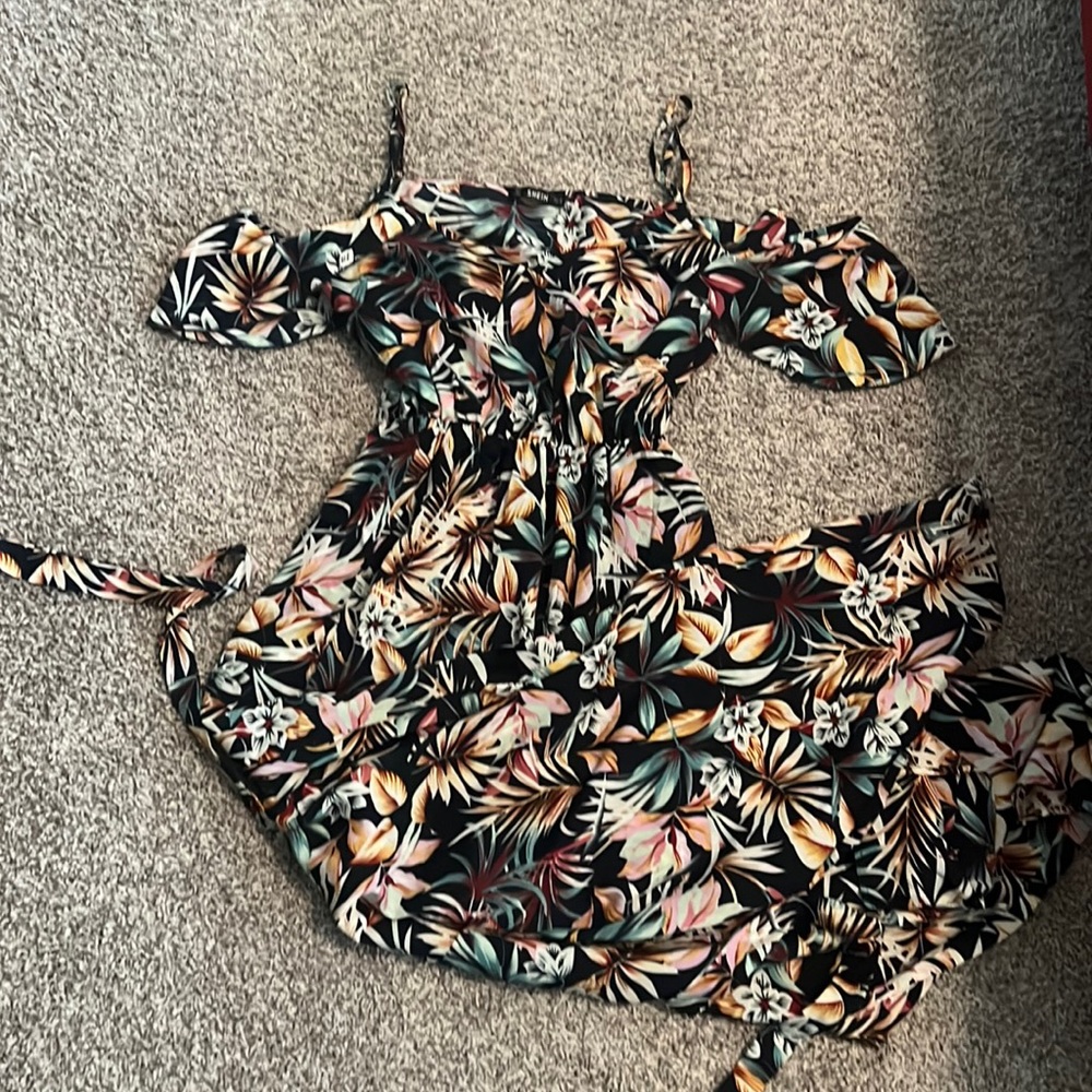 Shein off the shoulder ruffle tropical print belted maxi dress